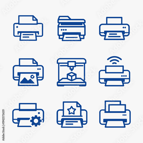 A set of Printer icons focuses on simplicity, elegance, and ease of recognition. Vector Sign for Logos, Labels, and Icons.