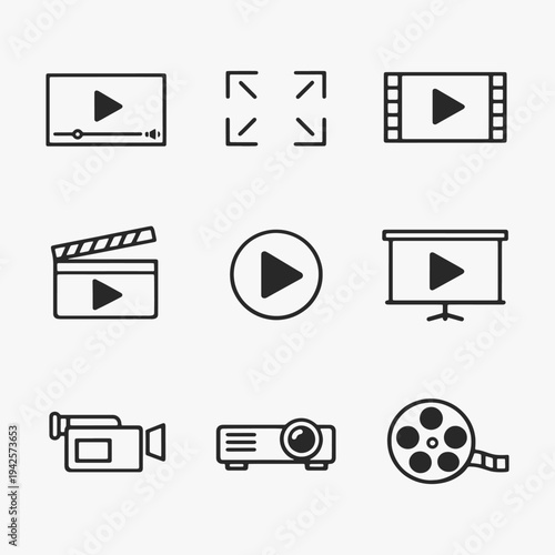 A set of video and media tools icons focuses on simplicity, elegance, and ease of recognition. Vector Sign for Logos, Labels, and Icons.