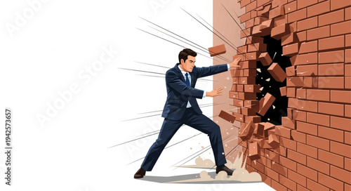 Businessman Breaking Through Brick Wall.