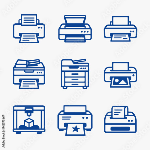 A set of Printer icons focuses on simplicity, elegance, and ease of recognition. Vector Sign for Logos, Labels, and Icons.