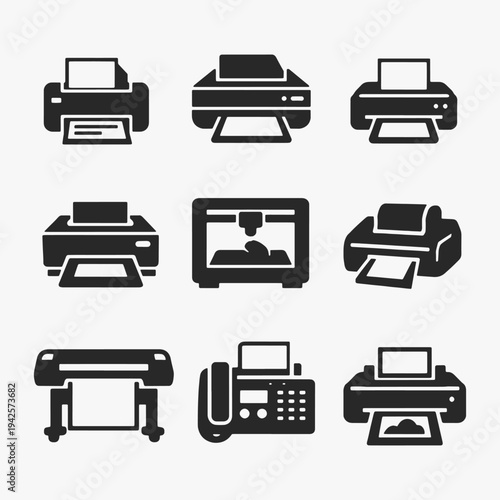 A set of Printer icons focuses on simplicity, elegance, and ease of recognition. Vector Sign for Logos, Labels, and Icons.
