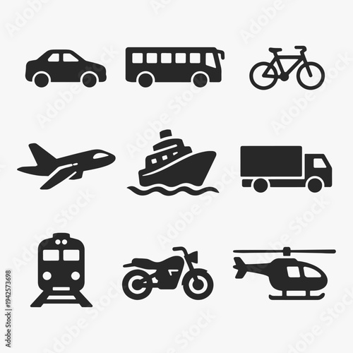 A set of transport vehicles icons focuses on simplicity, elegance, and ease of recognition. Vector Sign for Logos, Labels, and Icons.