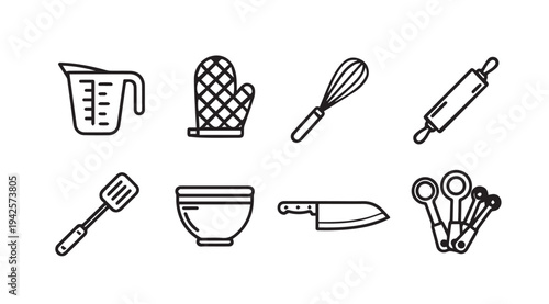 Kitchen Utensils Set Line Icons: Measuring Cup Oven Mitt Whisk Rolling Pin Spatula Bowl Knife Measuring Spoons