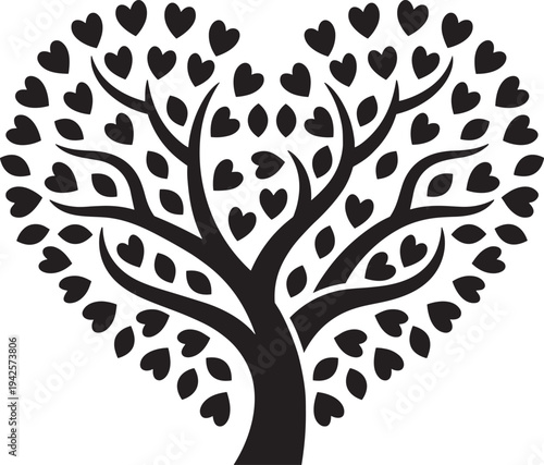 Romantic heart shaped tree silhouette vector illustration, branches filled with dense black love hearts, elegant curved trunk, symbol of passionate eternal love.