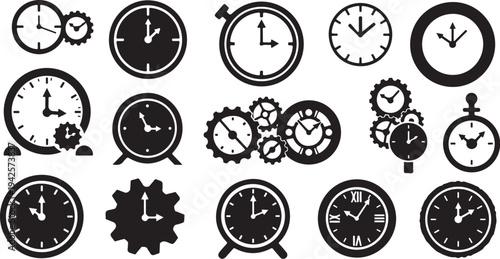Collection of various clock and gear icons in black