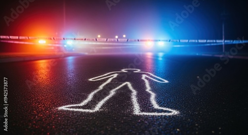 Chalk outline of body on asphalt at crime scene. Police tape and emergency light in background. Investigative scene, forensic science and criminal justice concept. Dark night road.