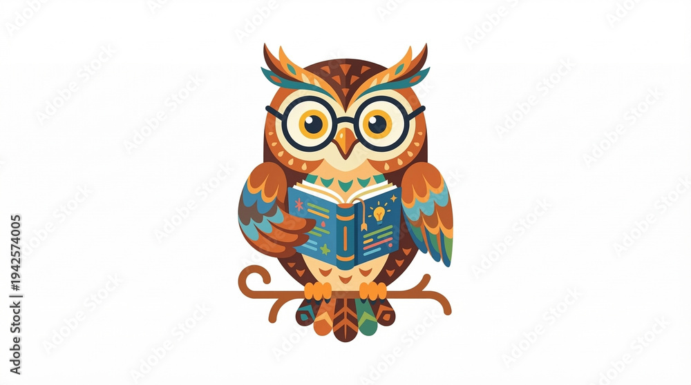 Naklejka premium Wise Owl: A charming cartoon owl with spectacles, perched on a branch, engrossed in reading a book, a symbol of knowledge and wisdom.