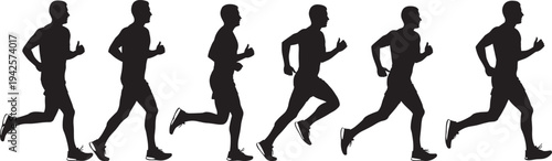 Sequence of running man silhouettes in motion, dynamic athlete runner poses, fitness sport activity vector illustration, black isolated figures on white background.