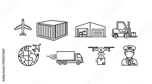 Logistics Icons: Delivery Services Air Freight Warehousing Drone Truck Forklift Global Shipping