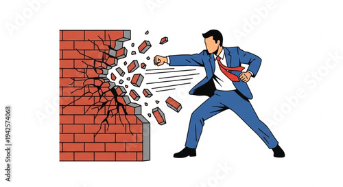 Man Breaking Through Brick Wall.