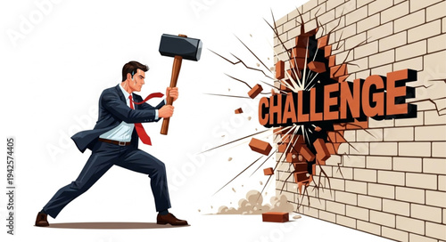 Businessman Breaking Through Brick Wall.