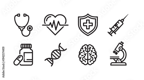 Medical Icons Set: Stethoscope Heartbeat Shield Syringe Pills DNA Brain Microscope