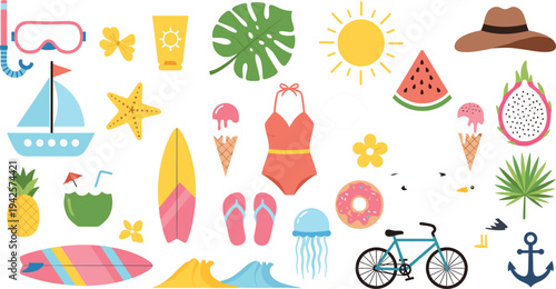 Summer Vacation Icon Set Featuring Sun, Surfboard, Watermelon, Ice Cream, Bikini, Boat, Flip Flops, Bicycle and Tropical Beach Elements
