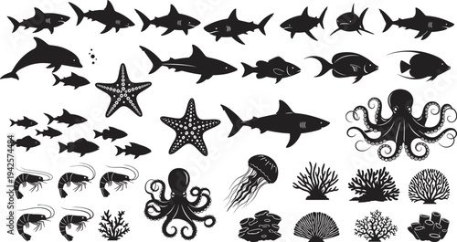 Set of black marine life silhouettes, shark and dolphin icons, octopus and jellyfish vectors, coral reef and underwater animal symbols for design