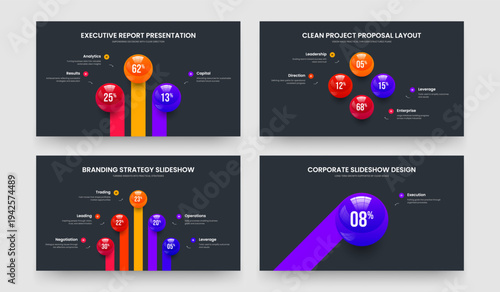 Financial Briefing 3 4 5 1 Element Infographic Frame Design Bundle. Corporate Development Three Four Five One Option Chart Slideshow Layout Vector Illustration Collection.