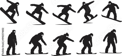 Set of black snowboarder silhouettes, winter sports athlete icons, snowboarding jump and pose vectors, mountain extreme activity symbols for graphic design elements