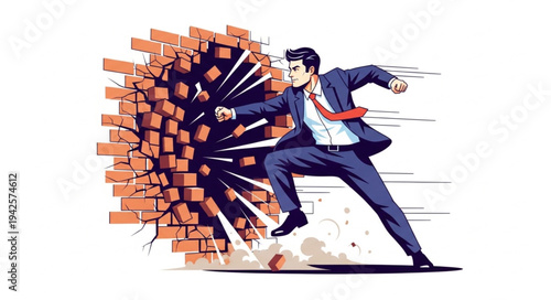 Businessman Breaking Through Brick Wall.
