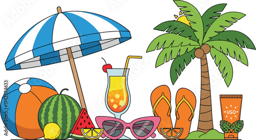 Summer Beach Vacation Essentials, Fun Tropical Design with Drinks, Umbrella, and Fruits"