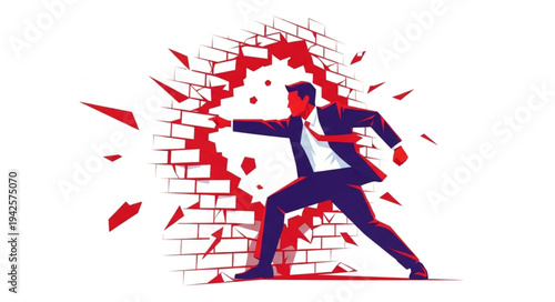 Man Breaking Through Brick Wall.