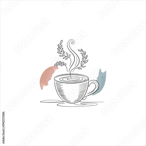 A steaming cup of coffee with a pastel background