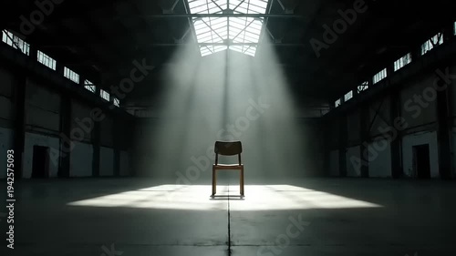 Solitary Chair in Vast Warehouse Illuminated by Skylight