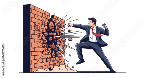 Businessman Breaking Through Brick Wall.