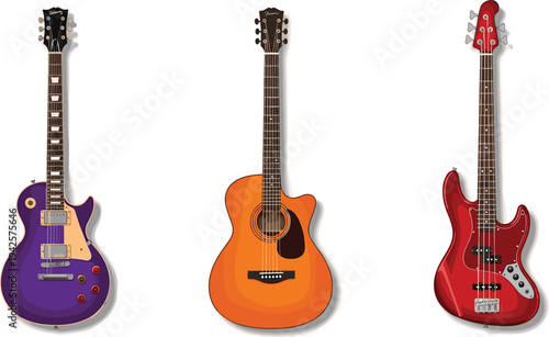 Electric and Acoustic Guitars Set, Colorful Music Instruments Collection"