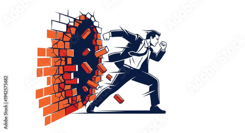 Man Breaking Through Brick Wall.
