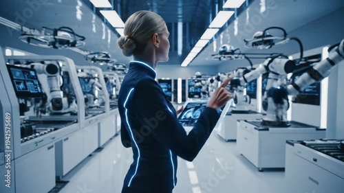Futuristic Woman Controls Robot Factory with Tablet.