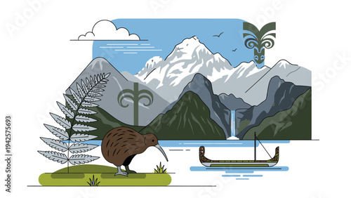 Illustration of a kiwi bird standing on grass with mountains, lake, and traditional boat in the background.