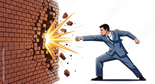 Businessman Breaking Through Brick Wall.