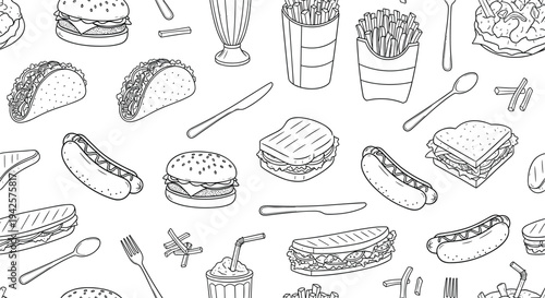 Hand Drawn Fast Food Pattern Featuring Burger, Sandwich, Hot Dog, Fries, Taco and Soda Seamless Background Illustration