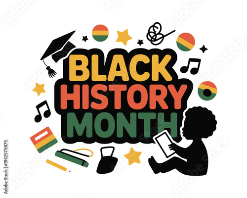 A colorful graphic celebrating Black History Month with a child reading and various educational symbols.