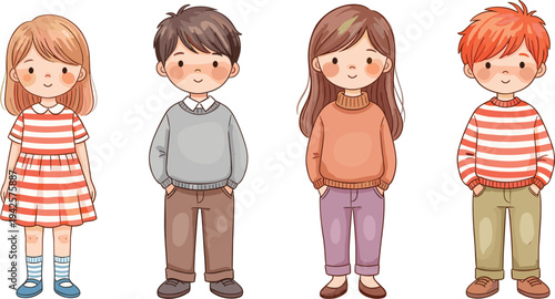 Illustration of Four Children in Casual Clothing, Kids Fashion Design"