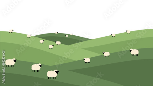 Illustration of a flock of sheep grazing peacefully on rolling green hills with varying shades of green in a serene landscape.