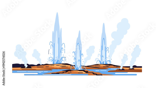 Illustration of a landscape with a body of water and tall, spire-like ice formations rising from the surface against a white background.