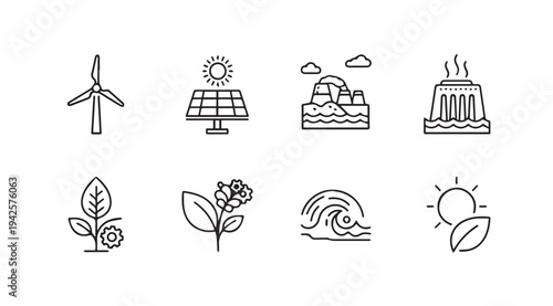 Renewable Energy Icons: Wind Turbine Solar Panel Hydro Geothermal Nature Waves Sun Leaf