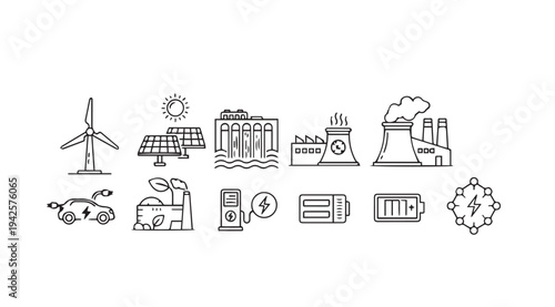 Renewable Energy Sources and Storage Icons Set: Wind Solar Hydro Electric Car Battery Power Plant
