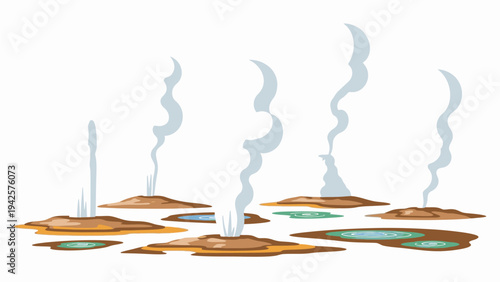 Illustration of industrial smokestacks emitting smoke over a body of water with brown land and green patches against a white background.