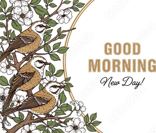 Birds on Branch with Flowers and Good Morning Text Vector