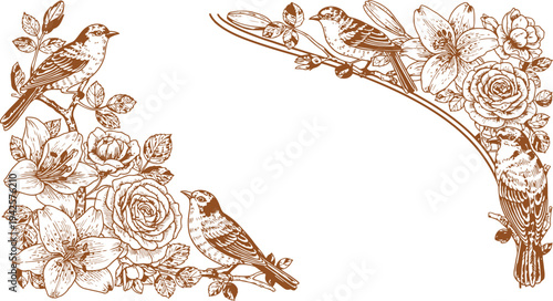 Birds and Flowers Corner DesignVintage Style Vector Illustration