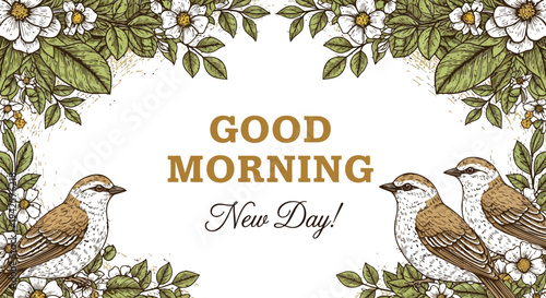 Birds and Flowers Greeting Good Morning New Day Vector Art