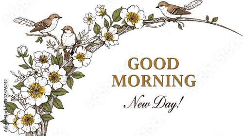 Birds on Blooming Branch with Good Morning Text Vector Illustration