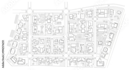 Architectural Plan of a Residential Area with Buildings and Green Spaces.