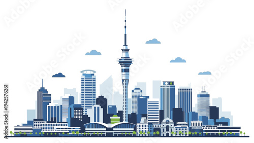 Illustration of Auckland city skyline with Sky Tower and modern buildings against a white background with blue tones and clouds.
