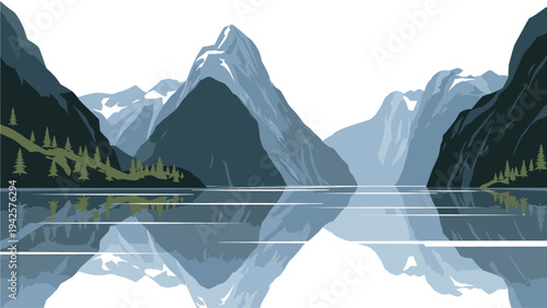 Illustration of a serene mountain range reflected in still water with trees, showcasing a calm natural landscape with majestic peaks and a peaceful lake.