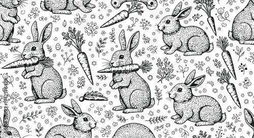Bunny Rabbits Eating Carrots Seamless Pattern Vector Illustration