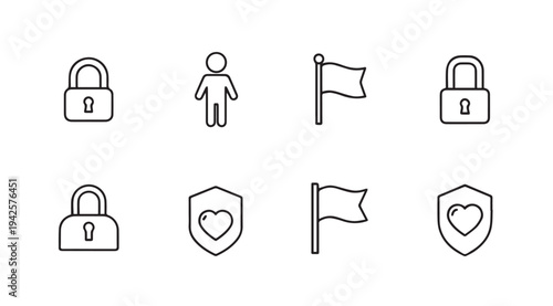 Security and Protection Icons: Locks Person Shields with Hearts and Flags