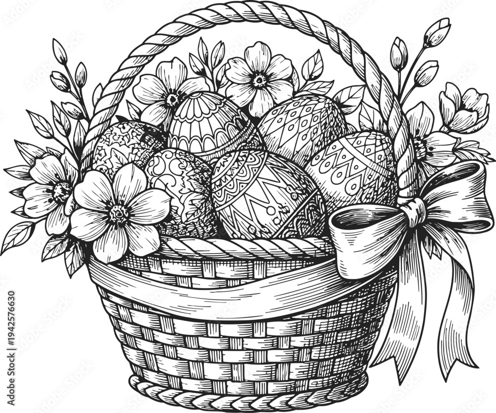Fototapeta premium Decorated Easter Eggs in Woven Basket with Flowers and Bow Vector