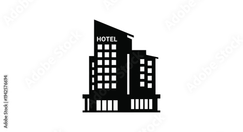 Minimalist black silhouette of a modern hotel building with hotel signage